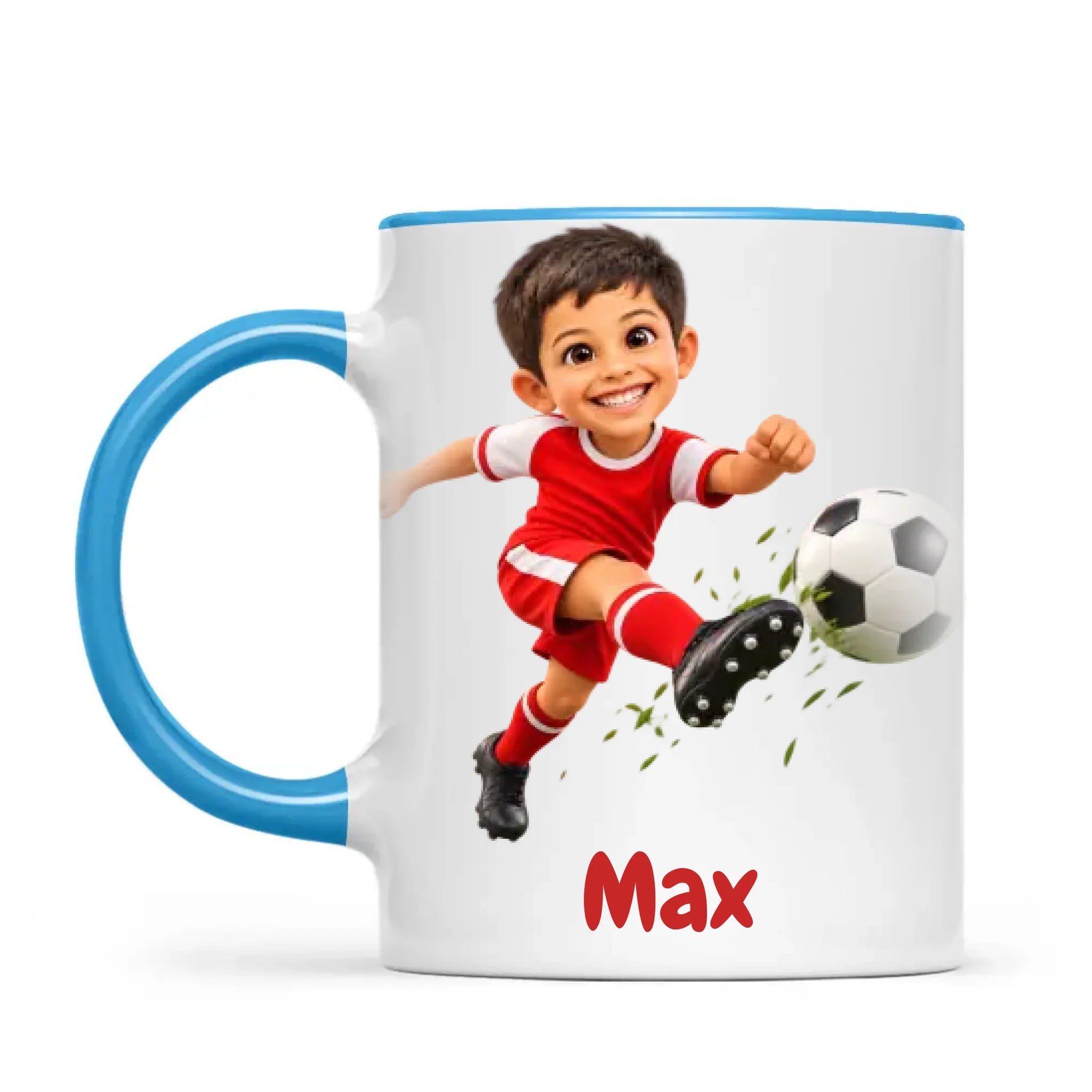 Personalised Football Star Kids Photo Mug, 11oz mug with blue handle and rim
