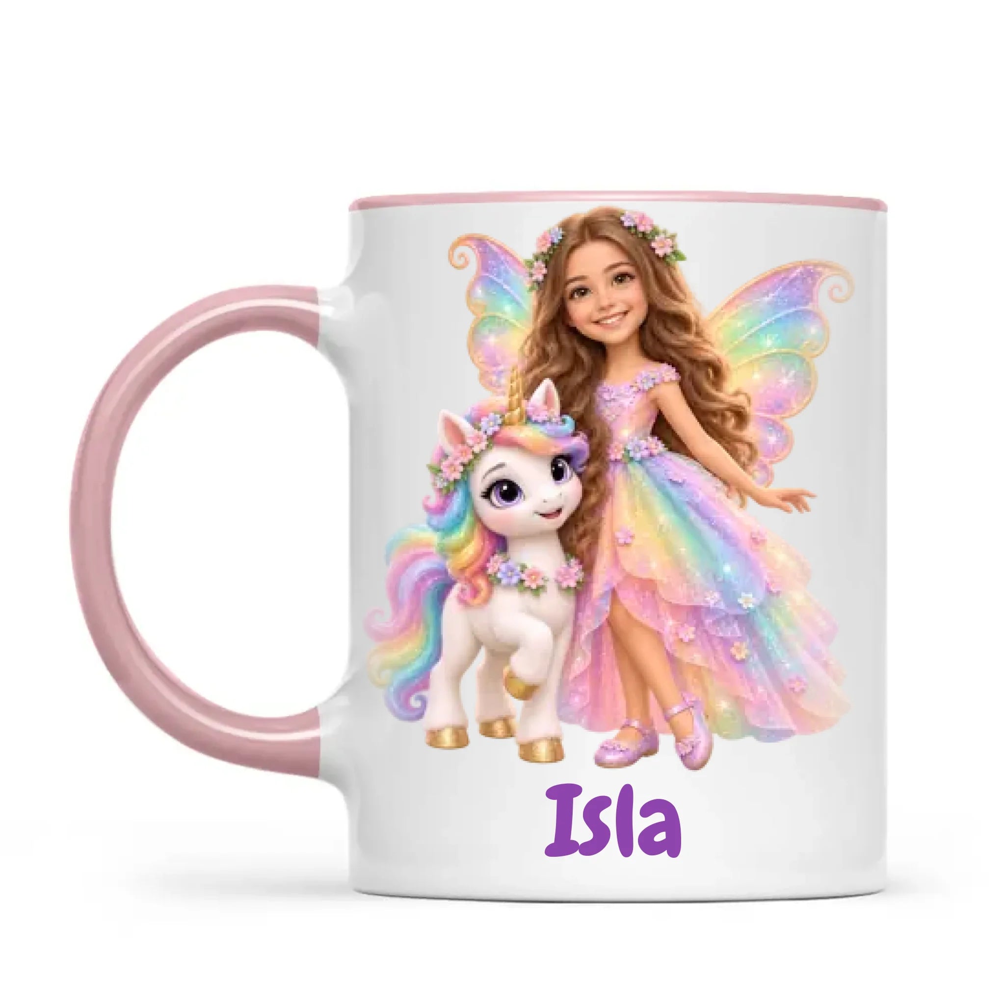 Personalised Unicorn Fairy Kids Photo Mug, 11oz mug with pink handle and rim