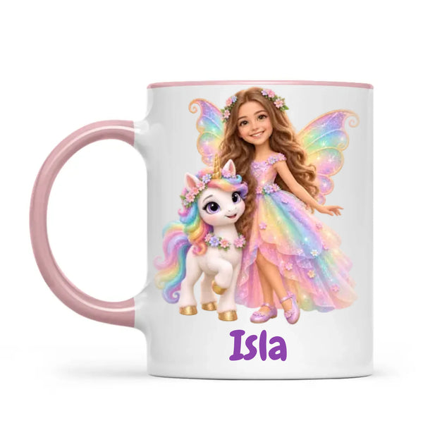 Personalised Unicorn Fairy Kids Photo Mug, 11oz mug with pink handle and rim