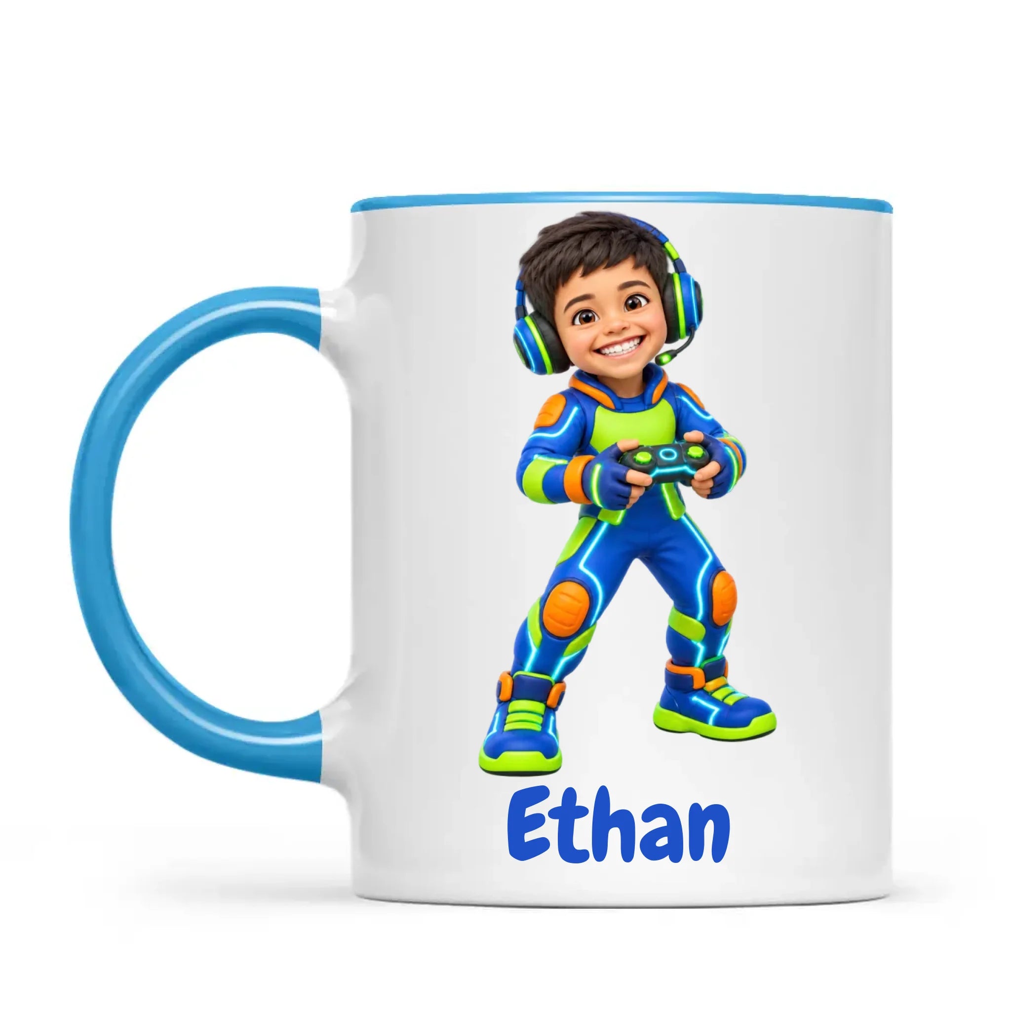 Personalised Gamer Hero Kids Photo Mug, 11oz mug with blue handle and rim
