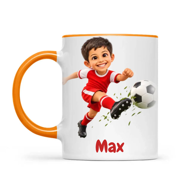 Personalised Football Star Kids Photo Mug, 11oz mug with orange handle and rim