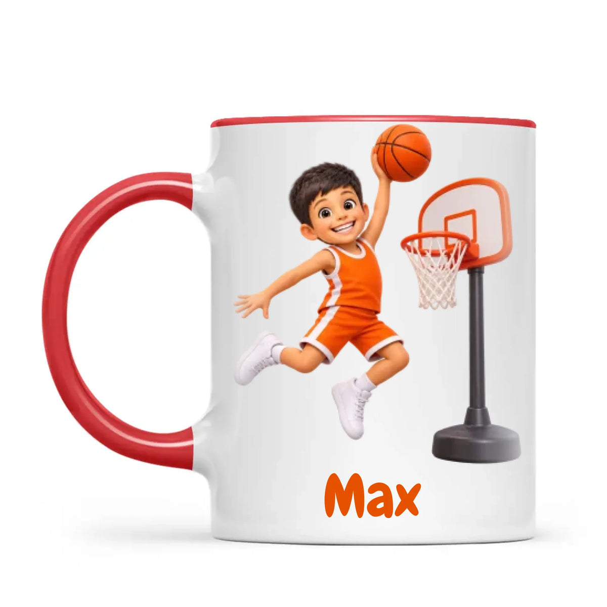 Personalised Basketball Star Kids Photo Mug, 11oz mug with red handle and rim