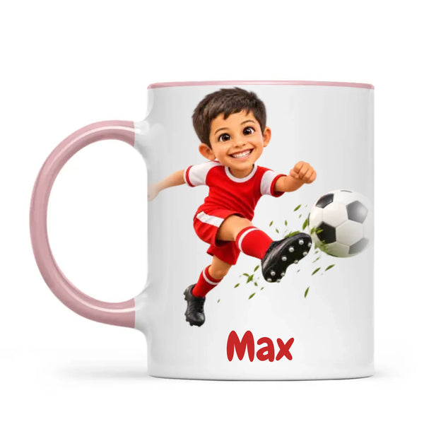Personalised Football Star Kids Photo Mug, 11oz mug with pink handle and rim