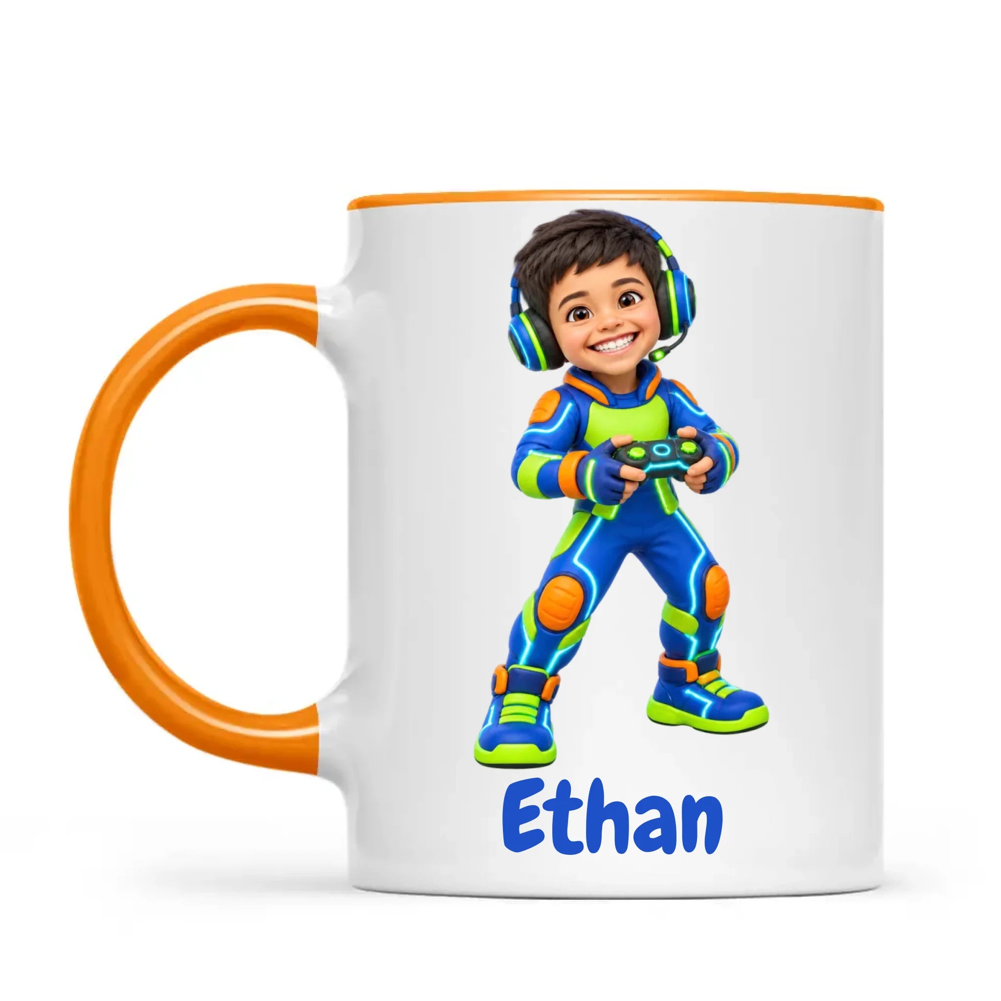 Personalised Gamer Hero Kids Photo Mug, 11oz mug with orange handle and rim