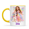 Personalised Unicorn Fairy Kids Photo Mug, 11oz mug with yellow handle and rim