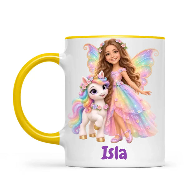Personalised Unicorn Fairy Kids Photo Mug, 11oz mug with yellow handle and rim