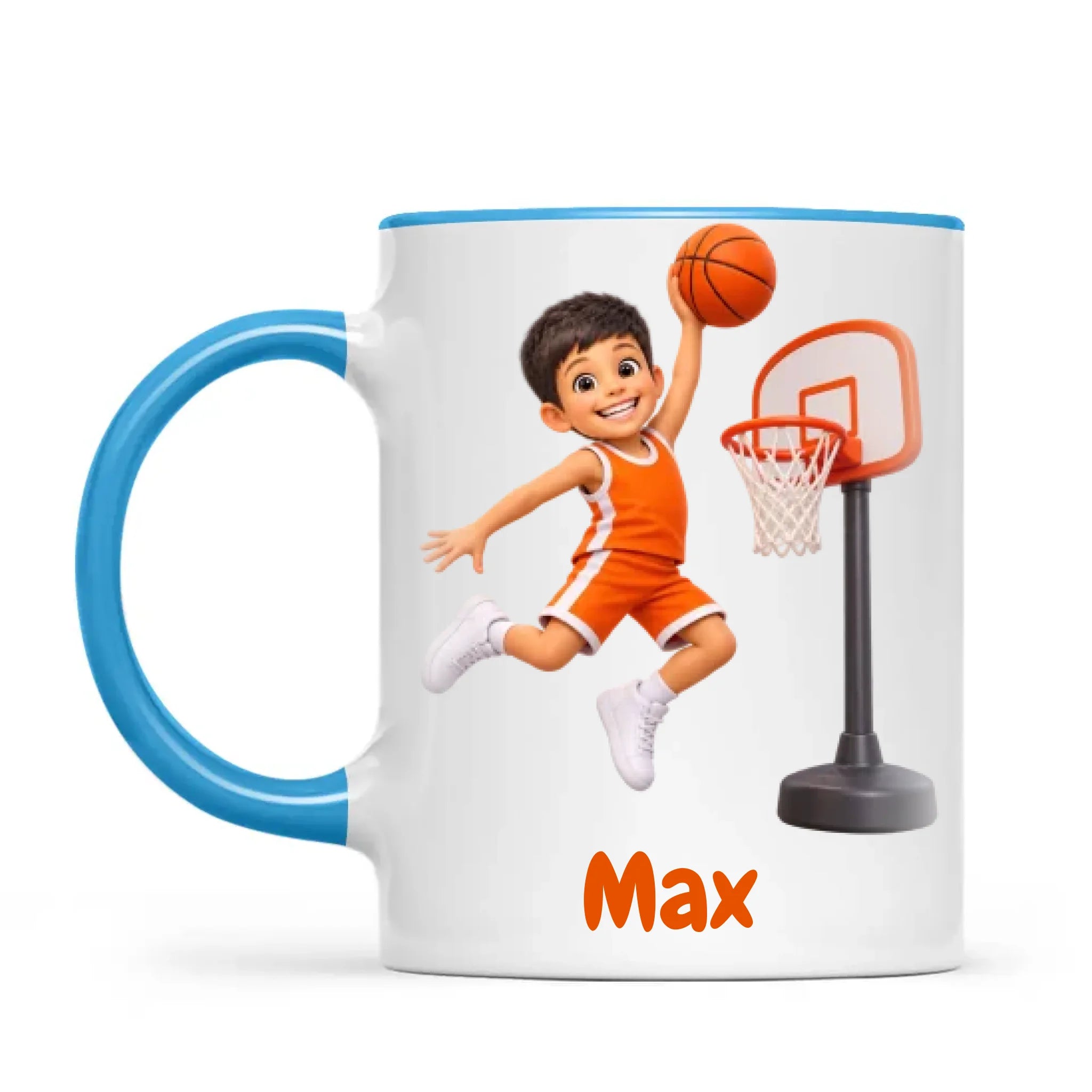Personalised Basketball Star Kids Photo Mug, 11oz mug with blue handle and rim