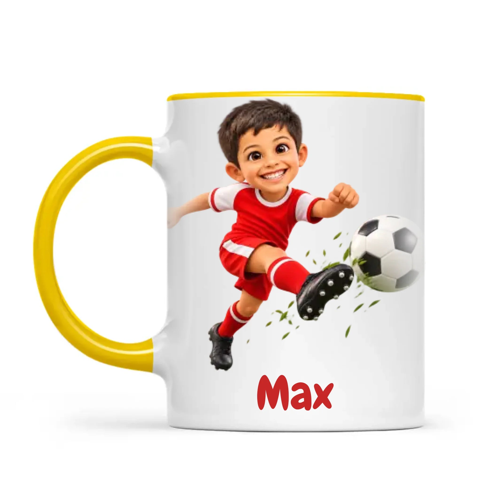 Personalised Football Star Kids Photo Mug, 11oz mug with yellow handle and rim