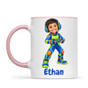 Personalised Gamer Hero Kids Photo Mug, 11oz mug with pink handle and rim