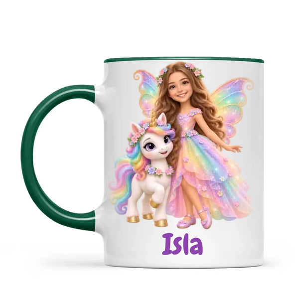 Personalised Unicorn Fairy Kids Photo Mug, 11oz mug with dark green handle and rim