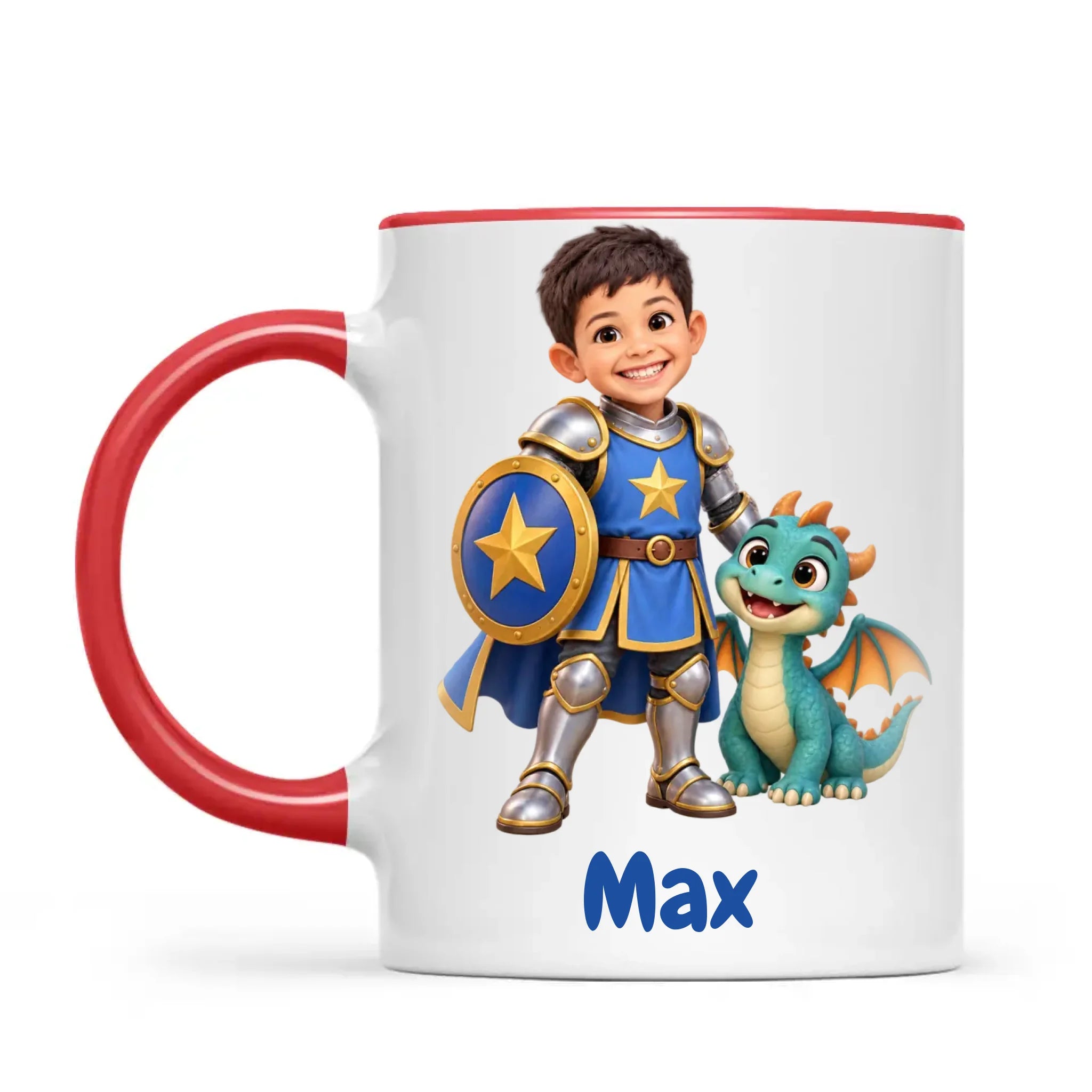 Personalised Knight and Dragon Kids Photo Mug, 11oz mug with red handle and rim