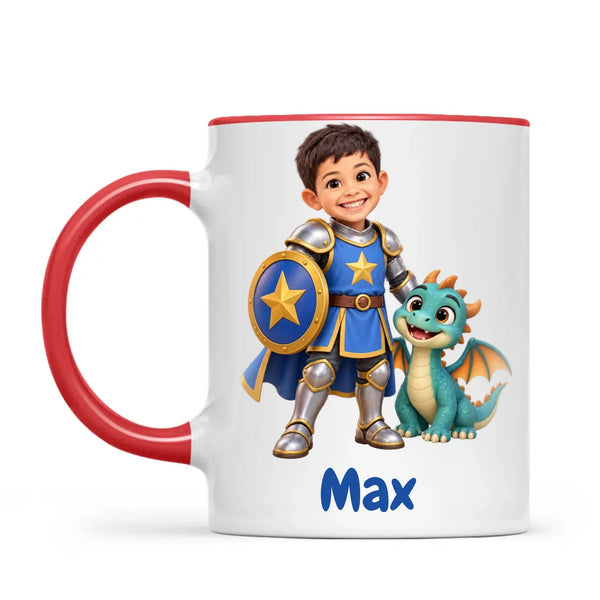 Personalised Knight and Dragon Kids Photo Mug, 11oz mug with red handle and rim