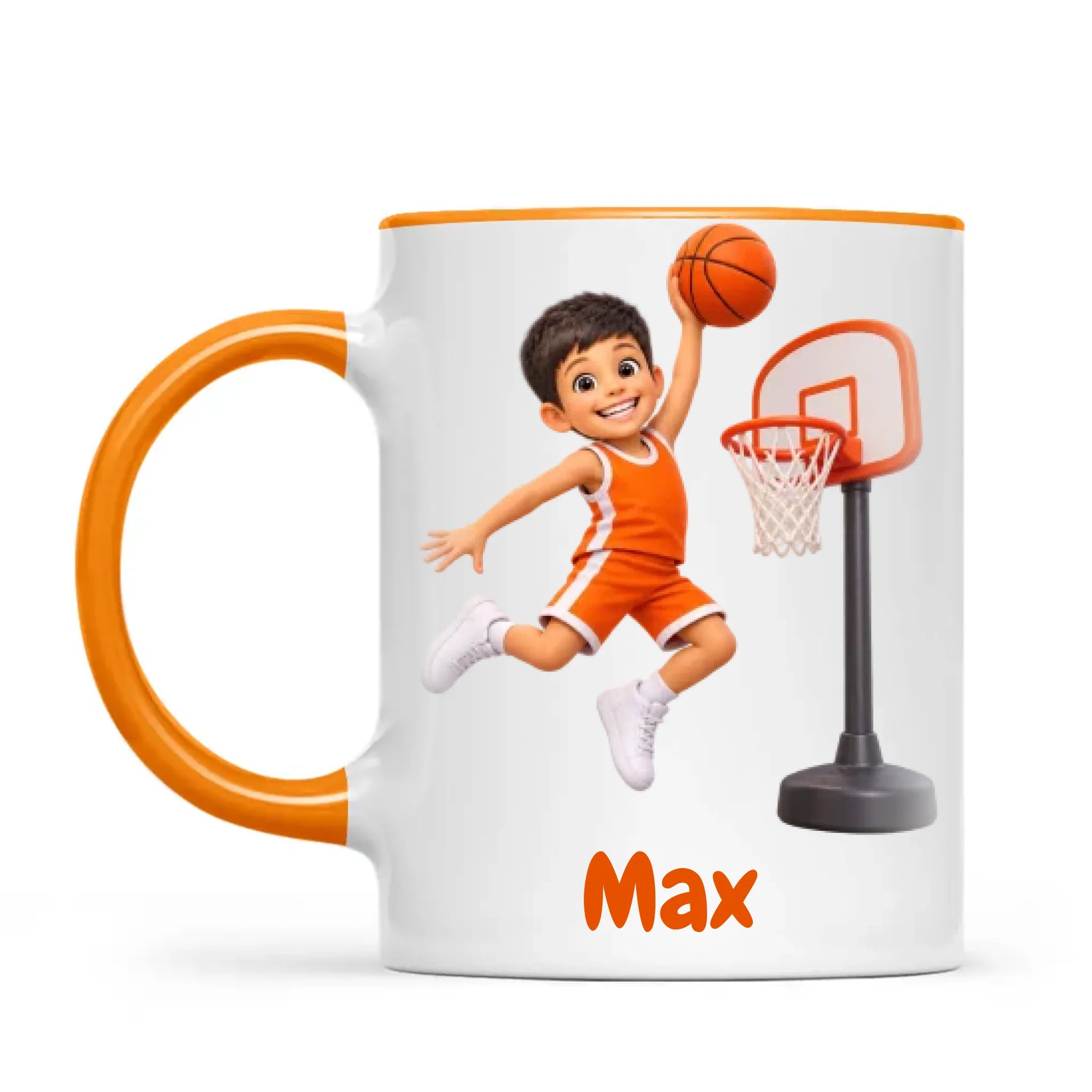 Personalised Basketball Star Kids Photo Mug, 11oz mug with orange handle and rim