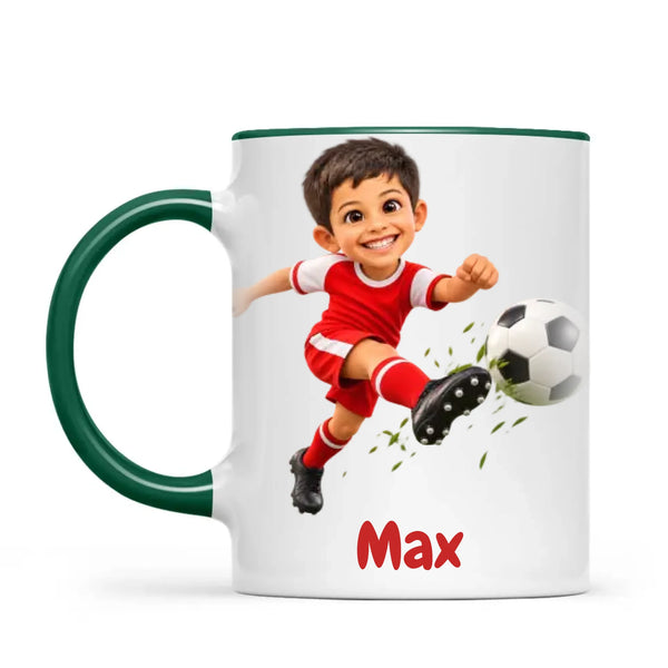 Personalised Football Star Kids Photo Mug, 11oz mug with dark green handle and rim