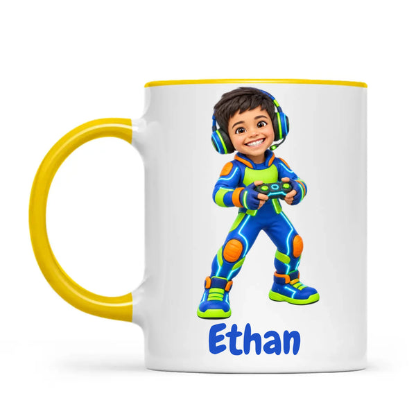 Personalised Gamer Hero Kids Photo Mug, 11oz mug with yellow handle and rim