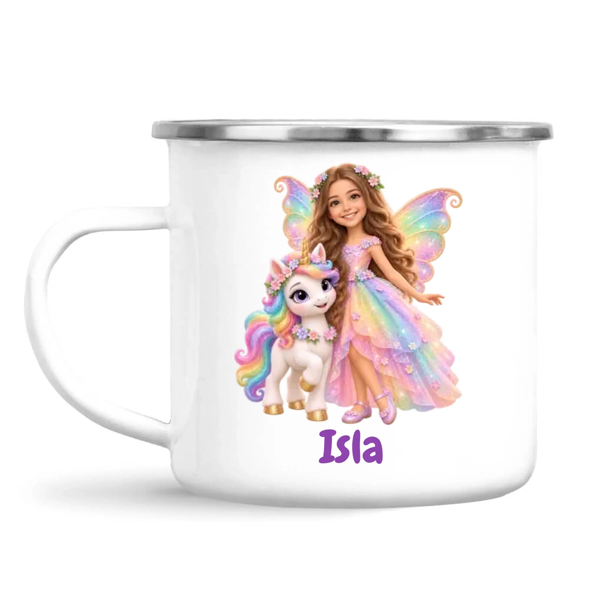 Personalised Unicorn Fairy Kids Photo Mug, white 12oz enamel mug