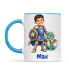 Personalised Knight and Dragon Kids Photo Mug, 11oz mug with blue handle and rim