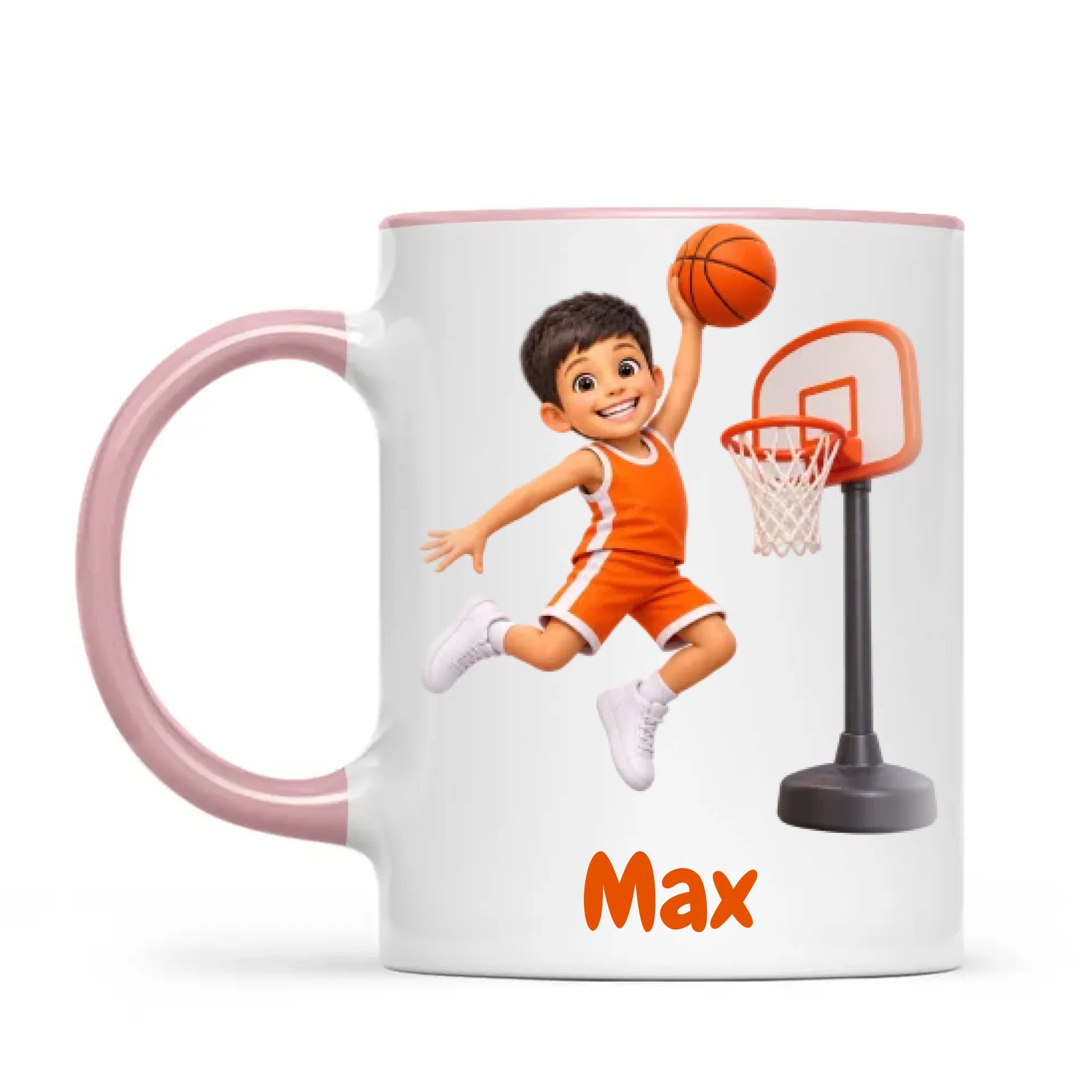 Personalised Basketball Star Kids Photo Mug, 11oz mug with pink handle and rim