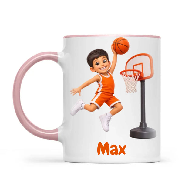 Personalised Basketball Star Kids Photo Mug, 11oz mug with pink handle and rim
