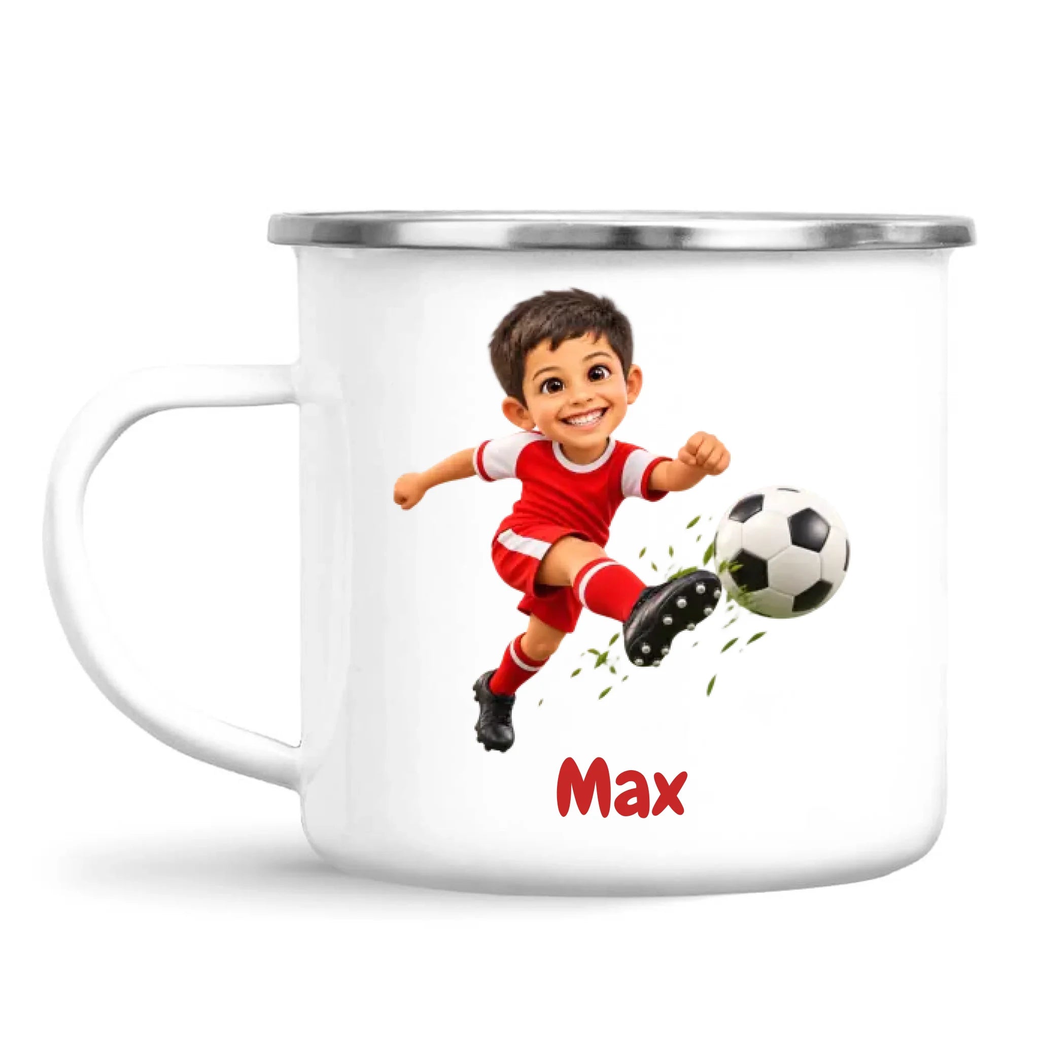Personalised Football Star Kids Photo Mug, white 12oz enamel mug