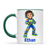 Personalised Gamer Hero Kids Photo Mug, 11oz mug with dark green handle and rim