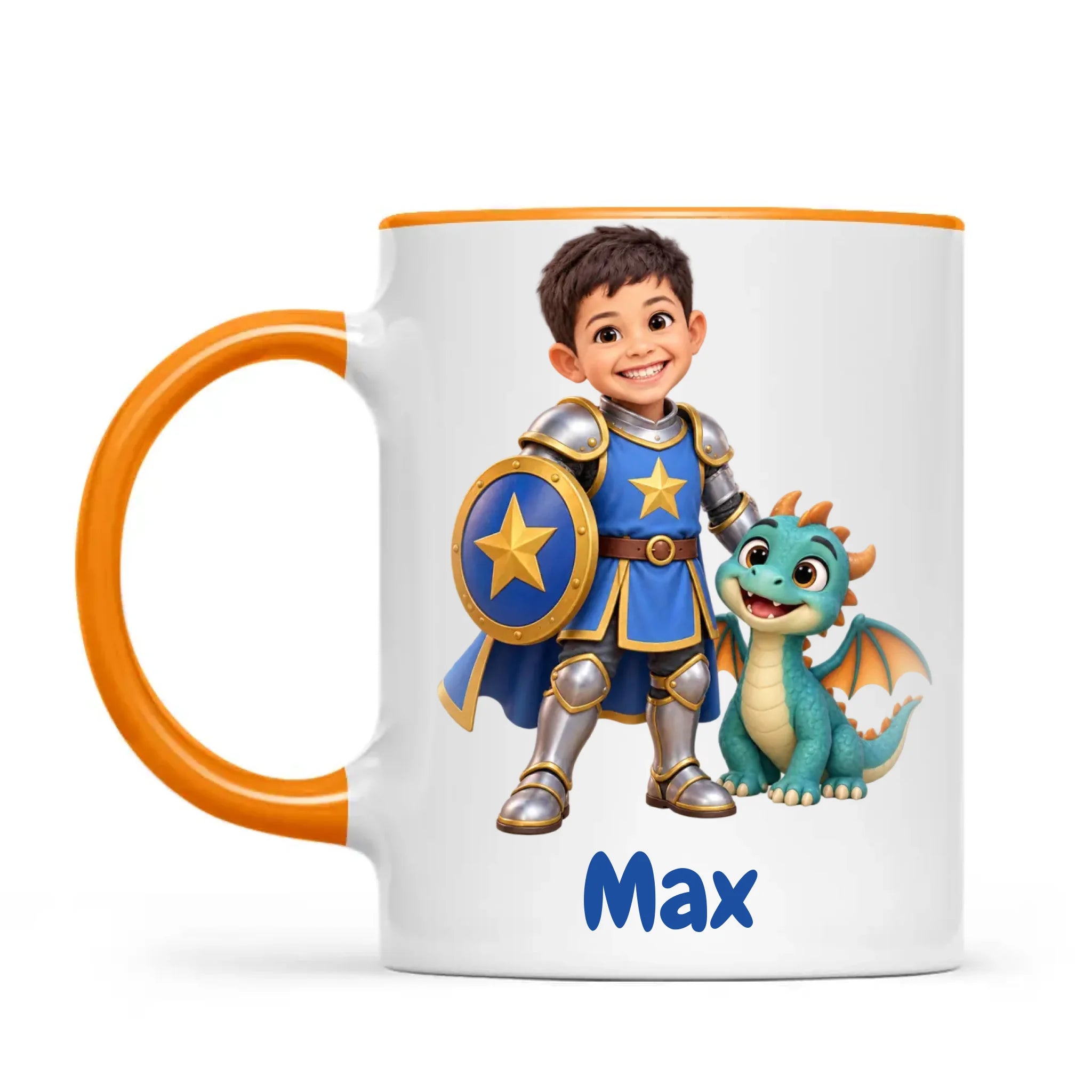 Personalised Knight and Dragon Kids Photo Mug, 11oz mug with orange handle and rim