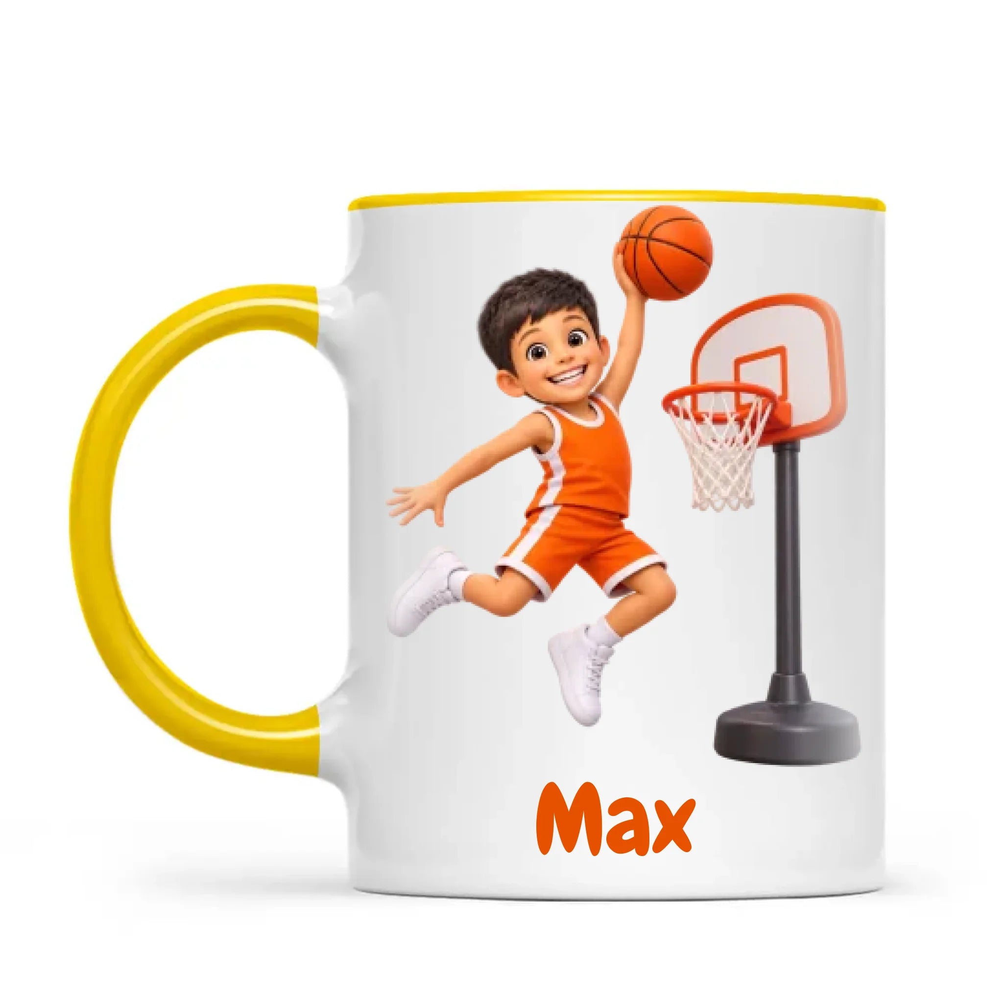 Personalised Basketball Star Kids Photo Mug, 11oz mug with yellow handle and rim