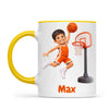 Personalised Basketball Star Kids Photo Mug, 11oz mug with yellow handle and rim