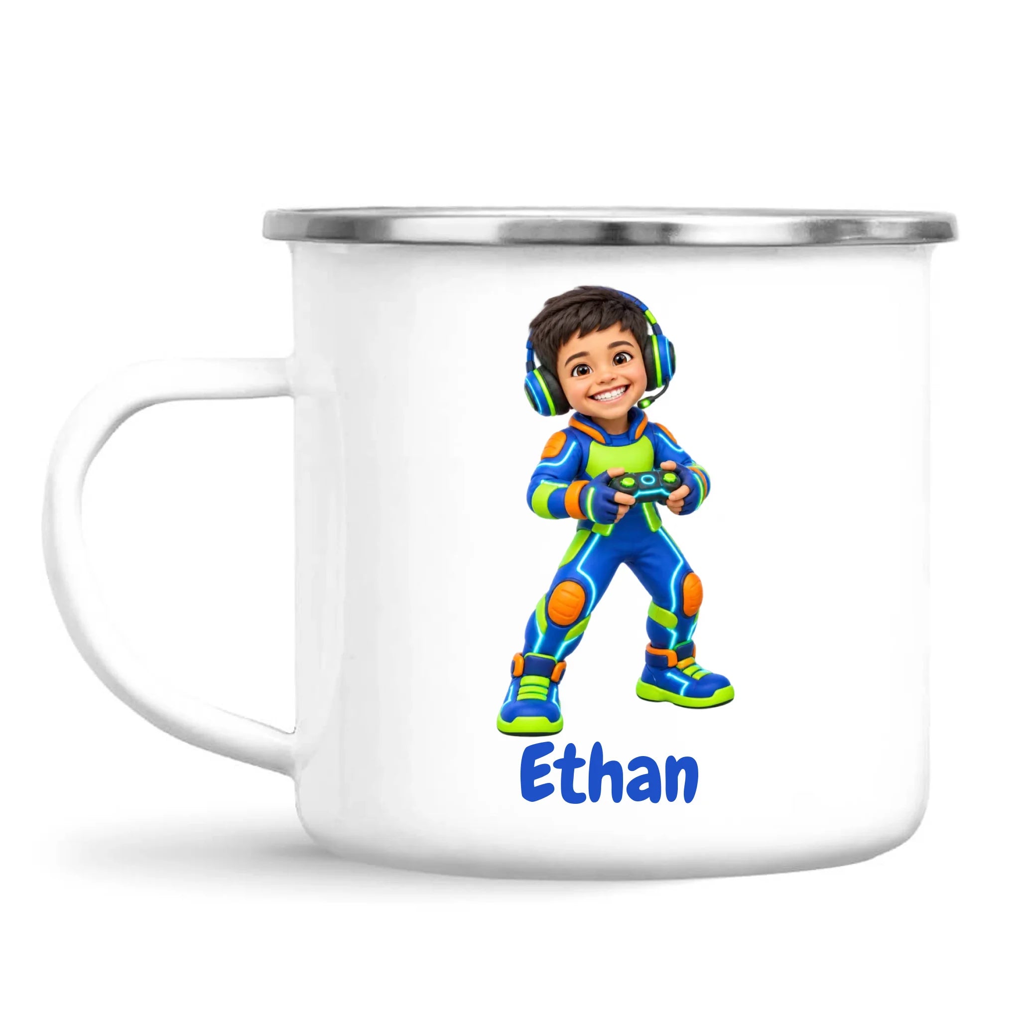 Personalised Gamer Hero Kids Photo Mug, white 12oz enamel mug