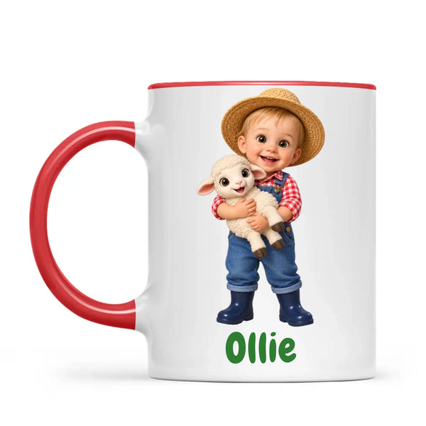 Personalised Little Farmer Kids Photo Mug, 11oz mug with red handle and rim