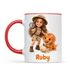 Personalised Dino Explorer Kids Photo Mug, 11oz mug with red handle and rim
