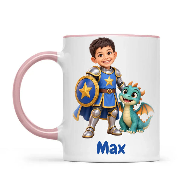 Personalised Knight and Dragon Kids Photo Mug, 11oz mug with pink handle and rim