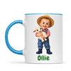 Personalised Little Farmer Kids Photo Mug, 11oz mug with blue handle and rim