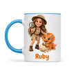 Personalised Dino Explorer Kids Photo Mug, 11oz mug with blue handle and rim
