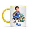 Personalised Knight and Dragon Kids Photo Mug, 11oz mug with yellow handle and rim