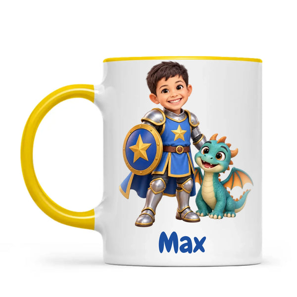 Personalised Knight and Dragon Kids Photo Mug, 11oz mug with yellow handle and rim