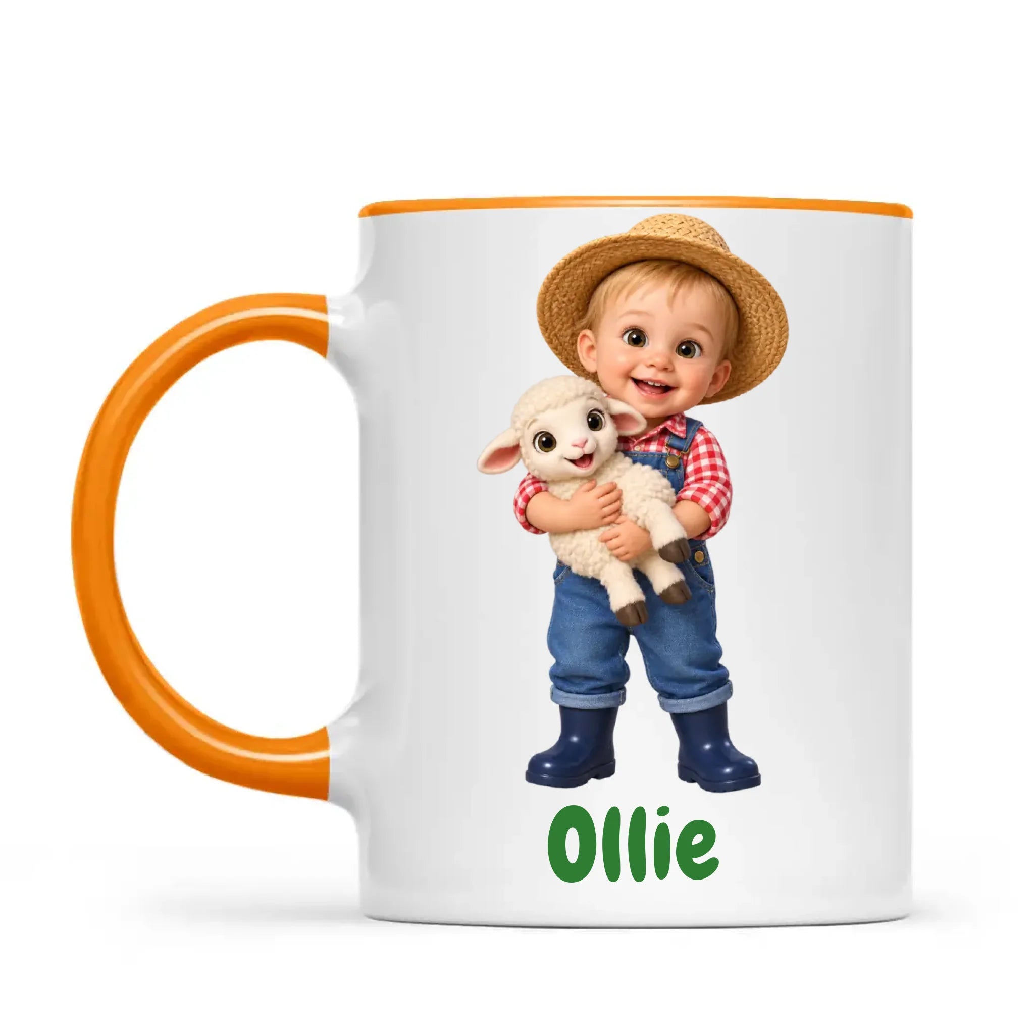 Personalised Little Farmer Kids Photo Mug, 11oz mug with orange handle and rim