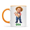 Personalised Little Farmer Kids Photo Mug, 11oz mug with orange handle and rim