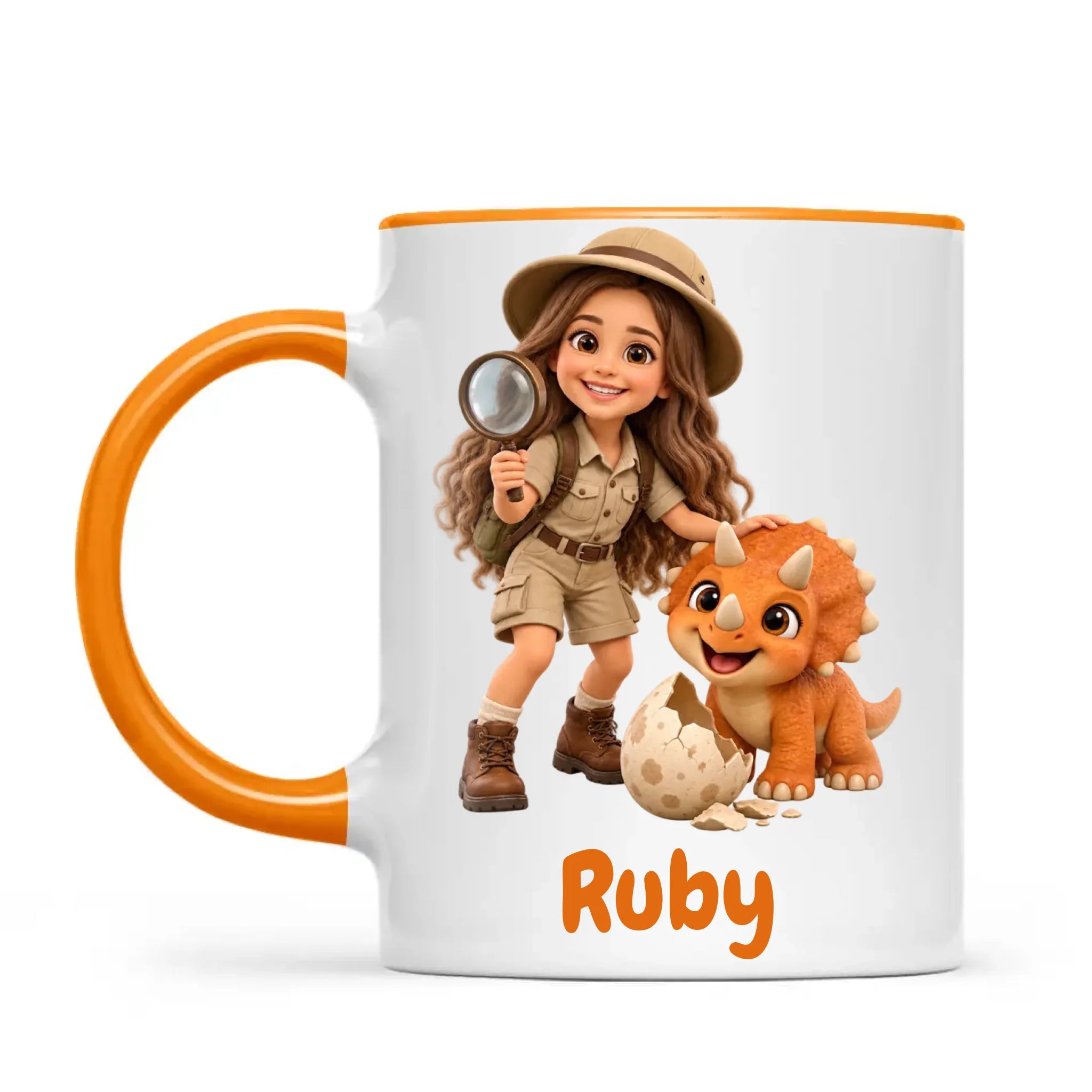Personalised Dino Explorer Kids Photo Mug, 11oz mug with orange handle and rim
