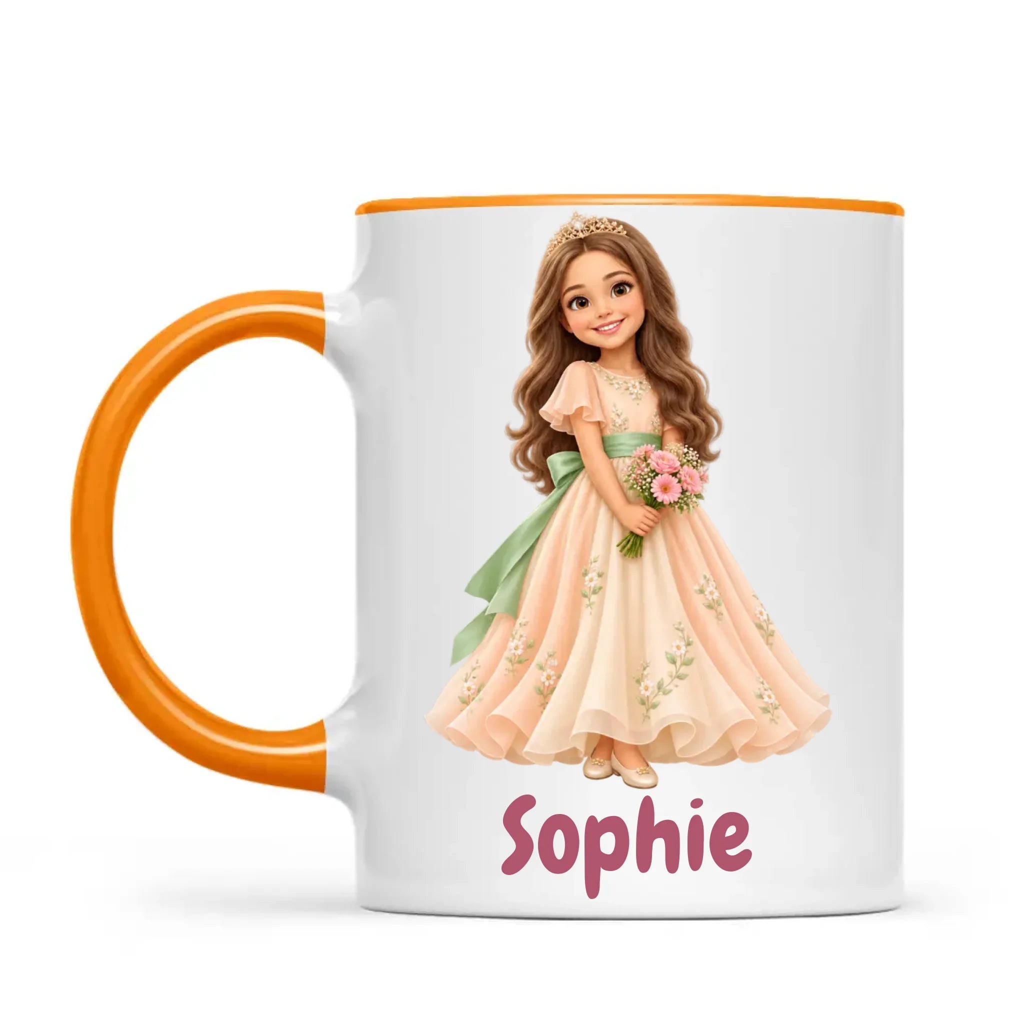 Personalised Storybook Princess and Prince Kids Photo Mug, 11oz mug with orange handle and rim