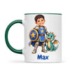 Personalised Knight and Dragon Kids Photo Mug, 11oz mug with dark green handle and rim