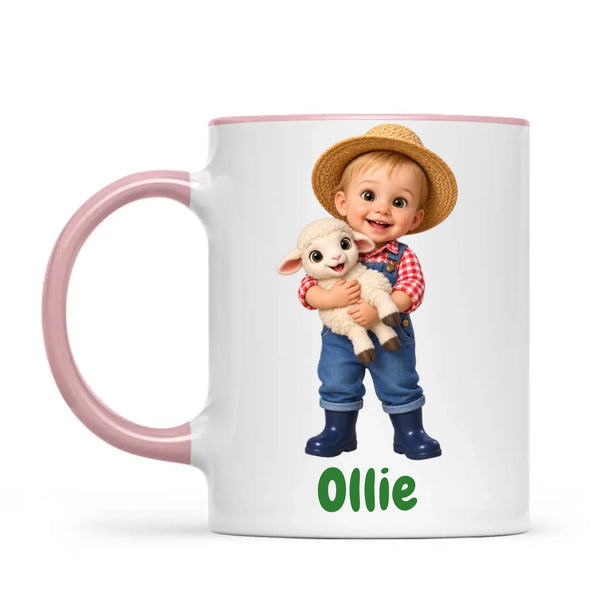 Personalised Little Farmer Kids Photo Mug, 11oz mug with pink handle and rim