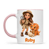 Personalised Dino Explorer Kids Photo Mug, 11oz mug with pink handle and rim