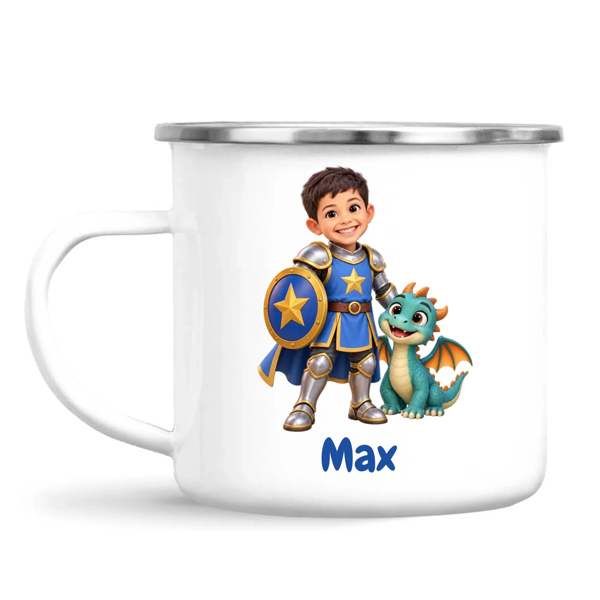 Personalised Knight and Dragon Kids Photo Mug, white 12oz enamel mug