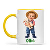 Personalised Little Farmer Kids Photo Mug, 11oz mug with yellow handle and rim