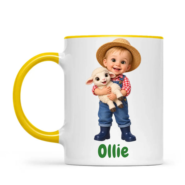 Personalised Little Farmer Kids Photo Mug, 11oz mug with yellow handle and rim