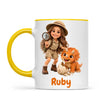 Personalised Dino Explorer Kids Photo Mug, 11oz mug with yellow handle and rim