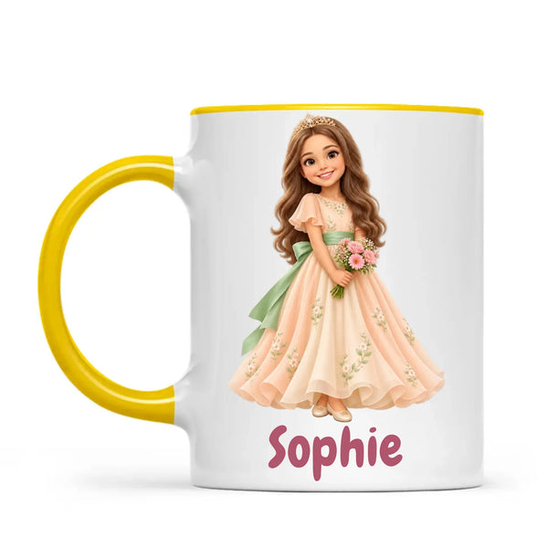 Personalised Storybook Princess and Prince Kids Photo Mug, 11oz mug with yellow handle and rim