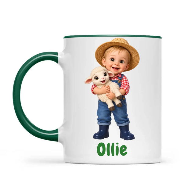 Personalised Little Farmer Kids Photo Mug, 11oz mug with dark green handle and rim