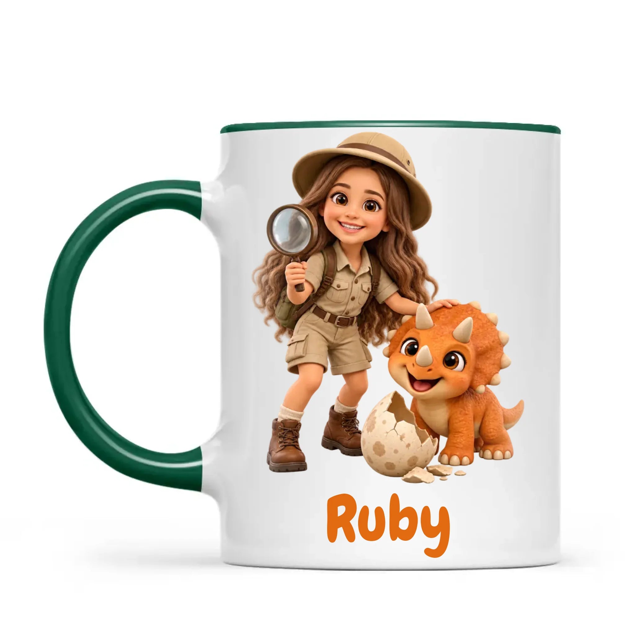 Personalised Dino Explorer Kids Photo Mug, 11oz mug with dark green handle and rim